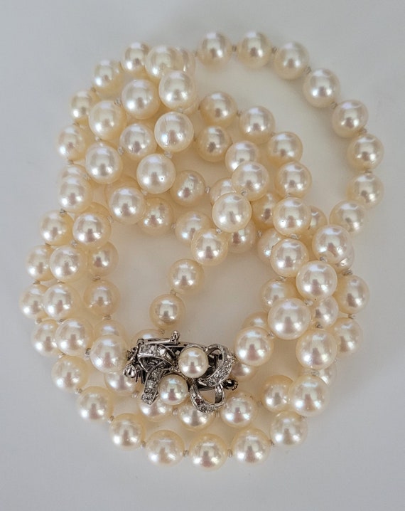 14K White Gold Akoya Pearl Diamond Double Strand … - image 3