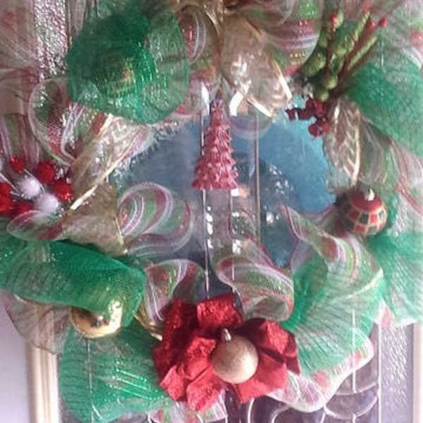 20 inch Hand made Lighted battery powered Christmas Wreath with mesh, ribbon, christmas lights, and ornaments