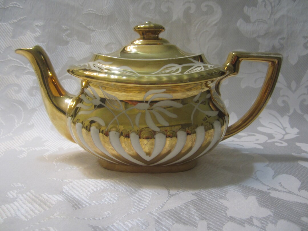 Vintage Gibsons England Ceramic Gold Teapot With White Floral