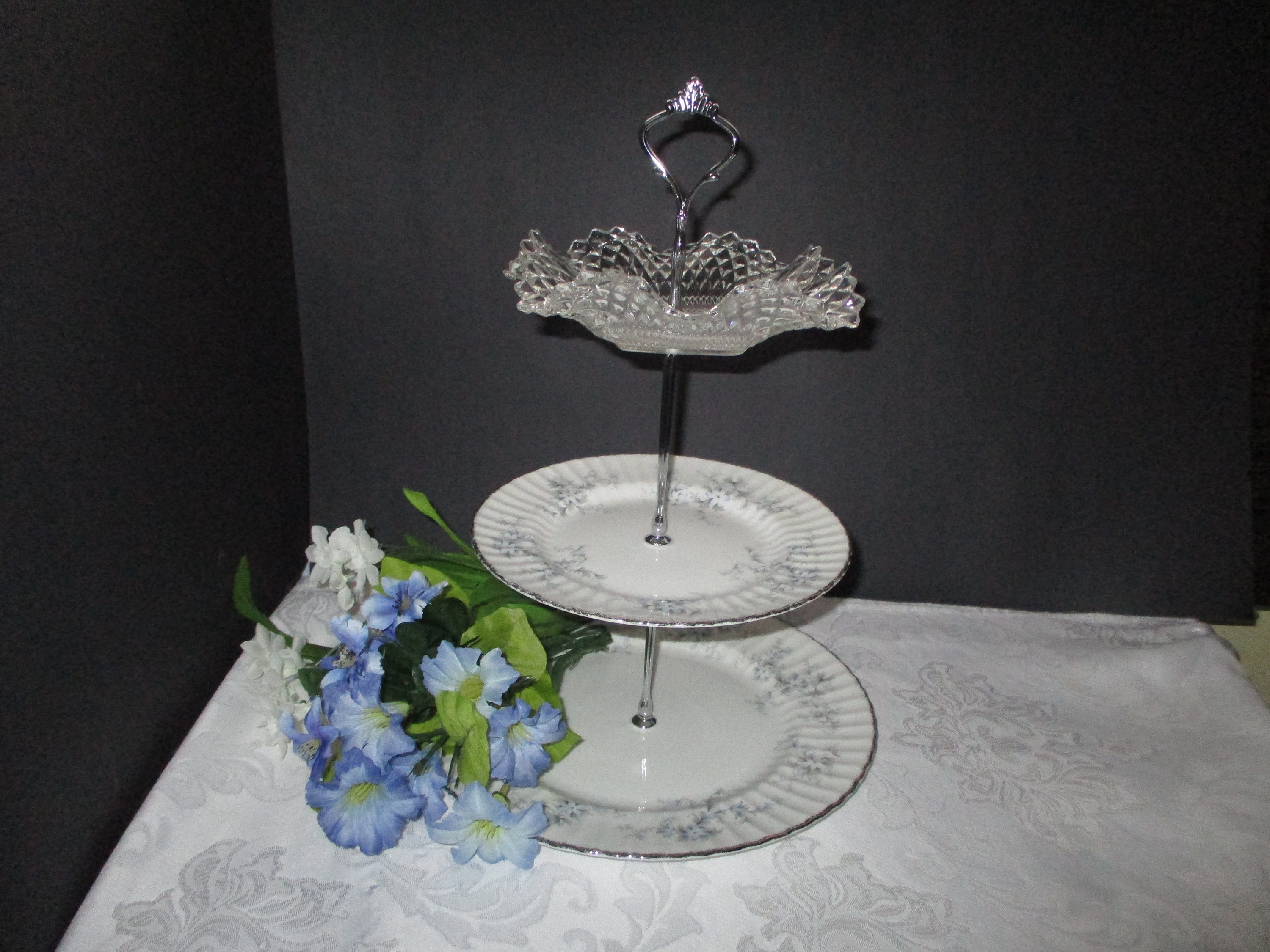 Paragon 3 Tier Cake Plate Brides Choice  Pattern And a Vintage Glass Candy Dish