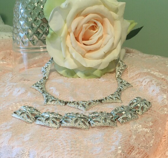 Silver Necklace And Bracelet Set / Vintage Jewelr… - image 1
