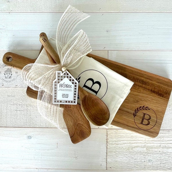 Personalized gift set, closing gift, cutting board, serving board, housewarming gift, cheese board, custom engraved client gift, new home