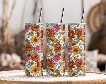 Retro floral tumbler, hippie stainless steel tumbler, 20oz tumbler, retro thermos, flower tumbler, gift for her, vintage-inspired tumbler