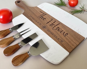 Juego de tablas para servir personalizadas de madera de acacia y mármol: Cuchillos para queso