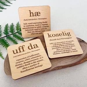 Kitchen magnets, uff da, koselig, hæ, kjøleskapsmagnet, Norwegian expressions, fridge magnets, Scandinavian heritage, Norway