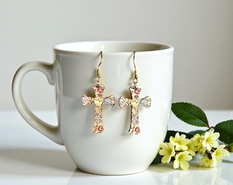 Pendientes de cruz floral pintados a mano: Joyería cristiana de Pascua