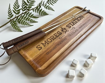 Personalized S'mores Station Tray Set: Acacia Wood, Extendable Skewers