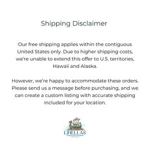 May include: White background with the text "Shipping Disclaimer". The text explains free shipping applies to the contiguous United States only. It also includes the company logo, a Viking ship, and the text "LINELLAS HANDCRAFTED GIFTS".