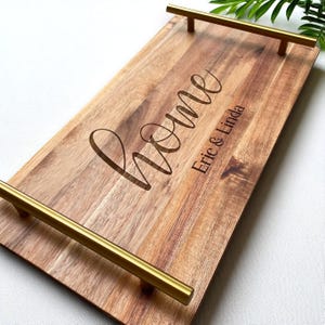 Personalized serving tray, tray with handles, custom tray, acacia tray, engraved wooden tray, housewarming gift, realtor closing gift