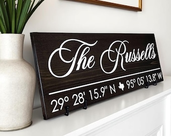 Personalized last name sign, GPS coordinates sign, latitude longitude, housewarming gift, custom gift, name and coordinates, closing gift