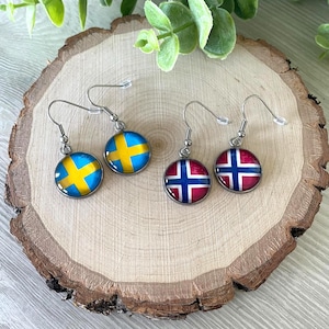 Norwegian earrings, Swedish earrings, Danish earrings, dangle earrings, flag jewelry, Scandinavian accessories, Scandinavian heritage