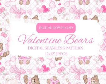 Pink Valentine Bears Seamless Pattern: Season of Love  (Digital Download)