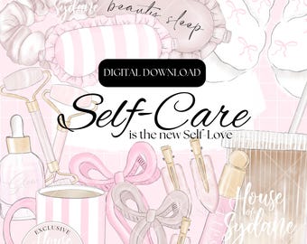 Self Care Clipart: Girly Pink Coffee Hand-Drawn PNG Stickers (Digital Download)