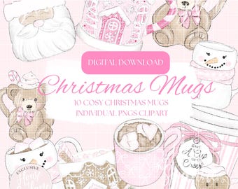 Weihnachtstassen Clipart: Handgezeichnete gemütliche PNG Aufkleber (digitaler Download)