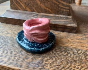 Small, Pink and Blue , Ceramic Candlestick Holder. Stoneware Clay Pottery.