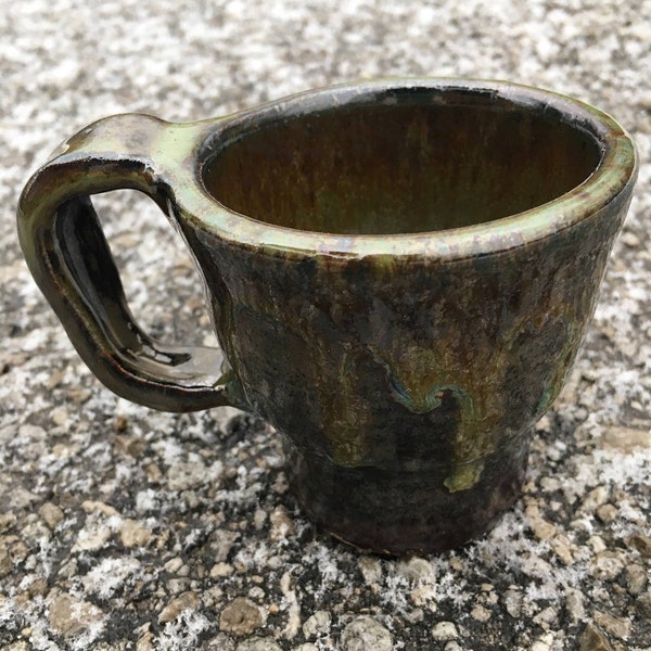 Small, Drippy Green Espresso Cup. Handmade Stoneware Clay Pottery.