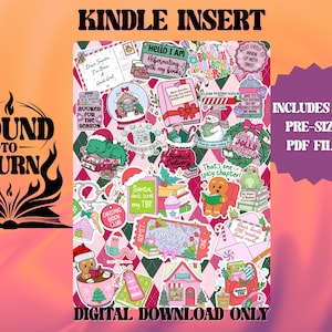 May include: A digital download for a Kindle insert featuring a collage of festive stickers with book-themed designs. Includes text like "Bookish Delivery" and "Santa, don't scroll my TBR." The design is set against a pink and green diamond pattern.
