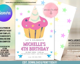 Cupcake Birthday Invitation, Cupcake Invitation, Cupcake Unicorn, Cupcake Birthday, Cupcake Party, Birthday Invitation, Cupcake Princess