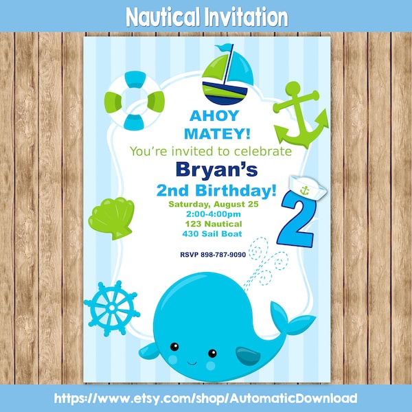 Nautical Invitation, SailBoat Invitation, Nautical Birthday, Nautical Party, Whale Invitation, Anchor Invite, Nautical Baby, Party Boys