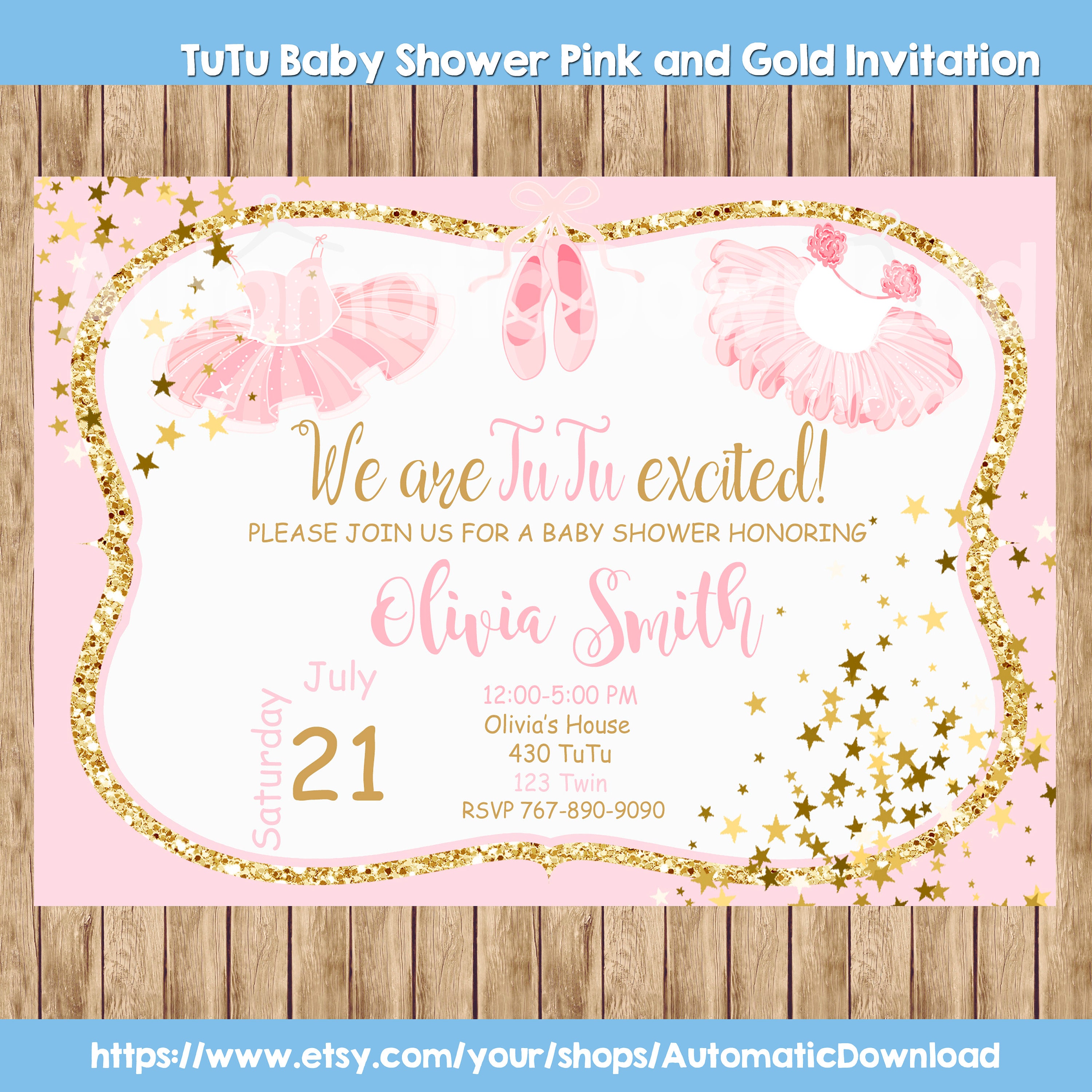 TuTu Baby Shower Invitation Twins Pink and Gold TuTu Invitation