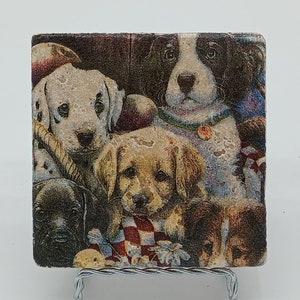 Puppy Natural Stone Coaster Set, Dog Cup Holders, Set of 4 Drink Coaster Set for Pet Home Decor, Dog Lover Gift Ideas, Housewarming Gifts
