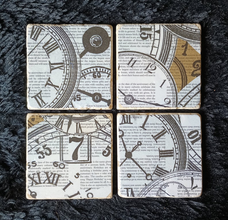 Coasters Clock Works Roman Numeral Time Natural Stone Gifts Cup Holders Barware Drinks Home Decor Furniture Protect Bar Cork Vintage Look image 9