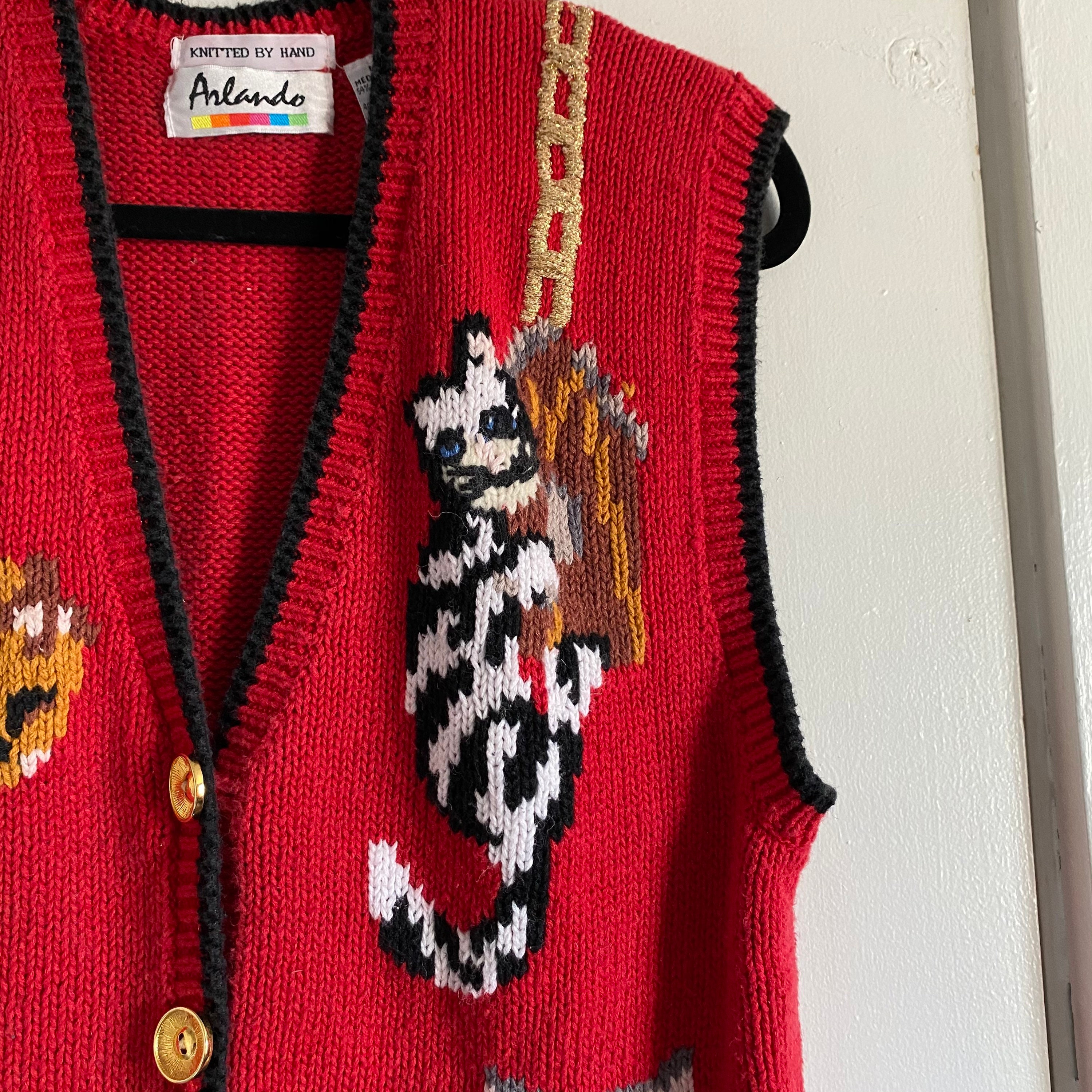 Hand Knitted Playful Cats Vest // Medium Etsy