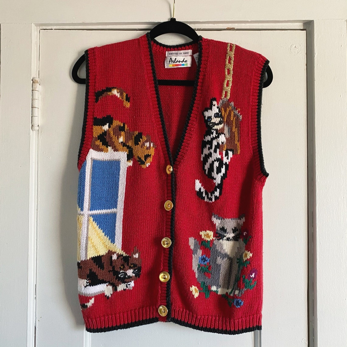 Hand Knitted Playful Cats Vest // Medium Etsy