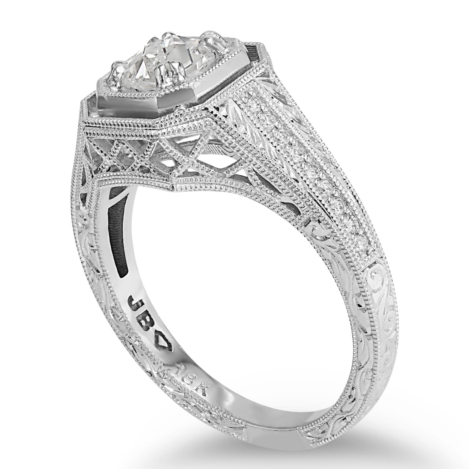 French Cut Diamond in Engraved Ring Etsy