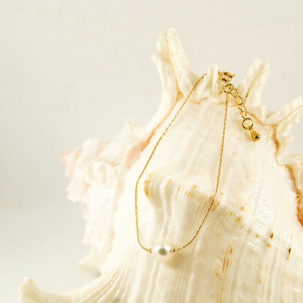 LA PERLE Bracelet - Natural keshi pearl - Shells - Gold filled chain - Gemstone
