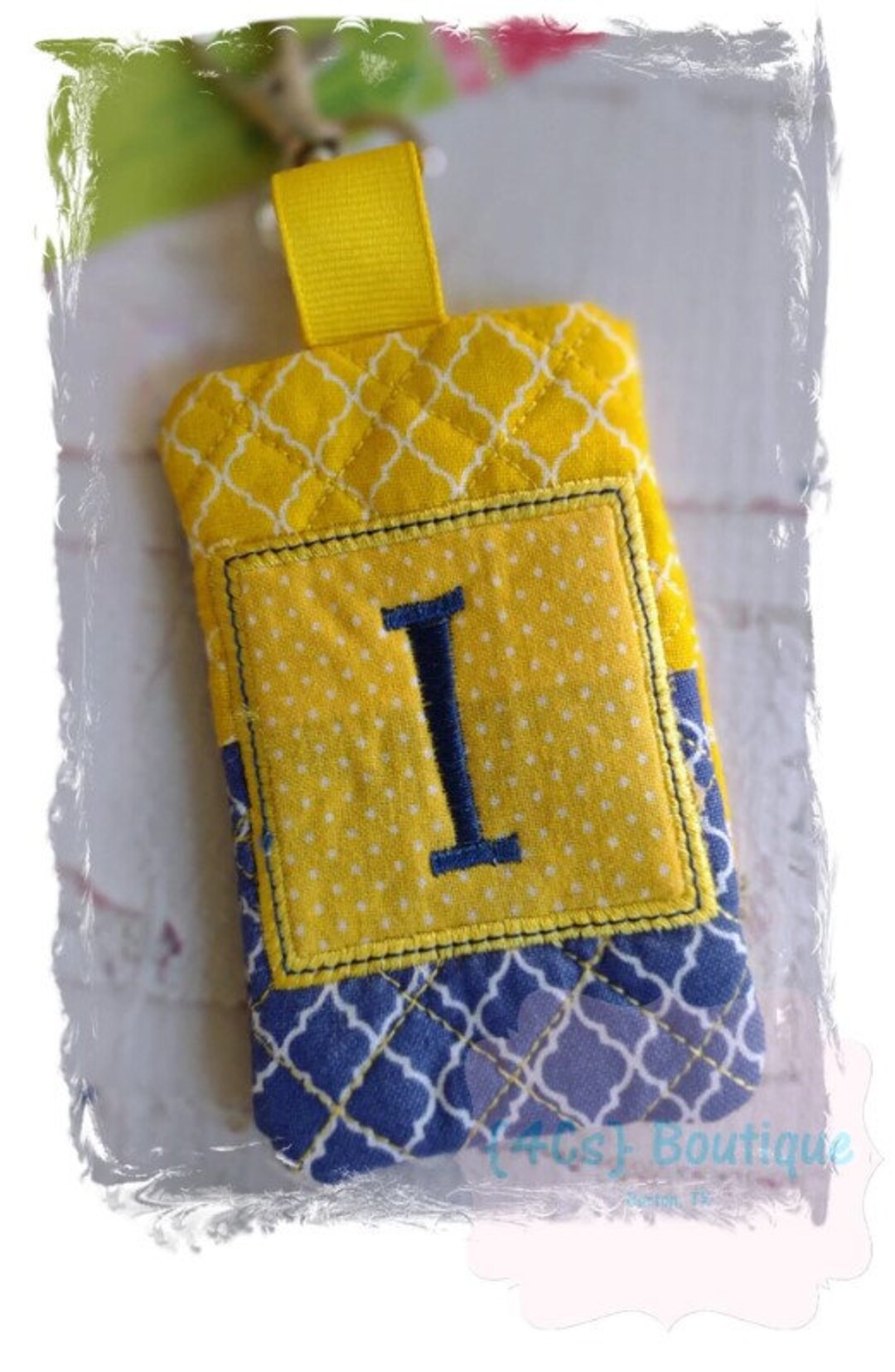 Quatrefoil Yellow Blue Card Holder Keychain Ready to Ship Quilted