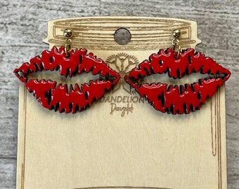 Red Lip Kiss Earrings: Laser Cut Birch Plywood, Valentine's Day