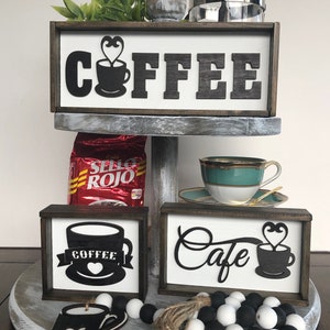 Hand Painted Coffee Tier Tray Decor: Black and White Coffee Bar Signs