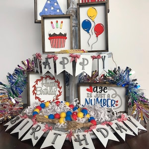 Happy Birthday wood sign,Birthday Tiered tray Decor, Birthday decor, Birthday celebration,age is just number,birthday mini signs,party decor