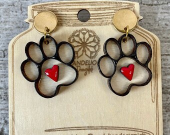 Wood dog paw earrings, dog lover jewelry, paw print earrings, dog earrings, laser cut dog paw earrings, dog mom, dog lover gift