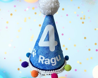 Personalized Dog Birthday Hat: Blue Batik Party Hat with Pom