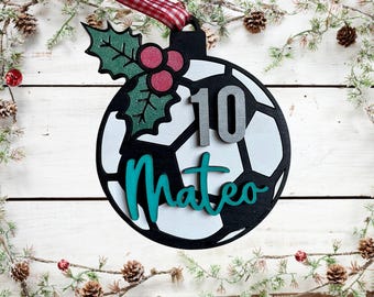 Personalized Soccer Christmas Ornament: Custom Name & Number, Wood Sport Ornament