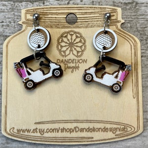 Golf cart earrings, golf earrings, golf gift for women, laser cut golf cart earrings, painted golf cart earrings, golf mom, golf jewelry