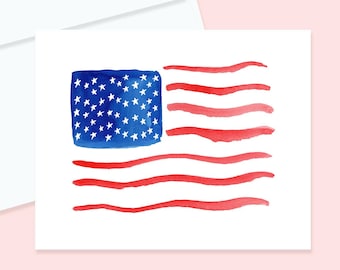 American Flag Watercolor Greeting Card and Envelope, Blank Notecard, Patriotic Stationary, 4th of July Stationary, Invitation, Party Invites