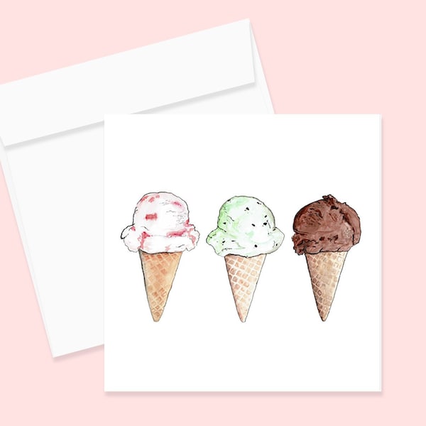 Ice Cream Watercolor Notecard and Envelope, Single or Set of 4, Greeting Card, Invitation, Watercolor Card, Birthday Card, Blank Card