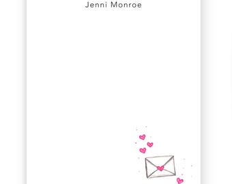 Personalized Valentines Day Notepad, Watercolor Valentine Hearts Stationery, 50 sheets