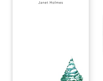 Personalized Snowy Pine Tree Notepad, Winter Stationery, 50 sheets
