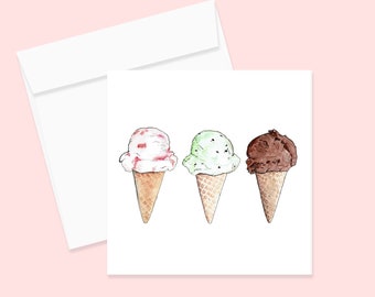 Ice Cream Watercolor Notecard and Envelope, Single or Set of 4, Greeting Card, Invitation, Watercolor Card, Birthday Card, Blank Card