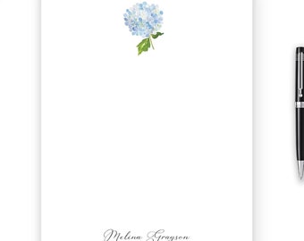 Personalized Blue Hydrangea Notepad, Watercolor Hydrangea Notepad Stationery, 50 sheets