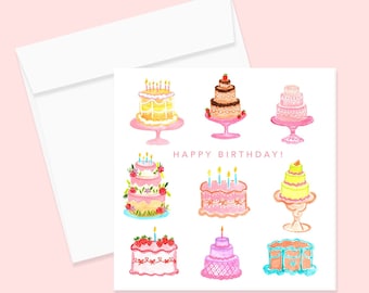 Birthday Cakes Watercolor Notecard and Envelope, Greeting Card, Invitation, Watercolor Card, Birthday Card, Blank Card