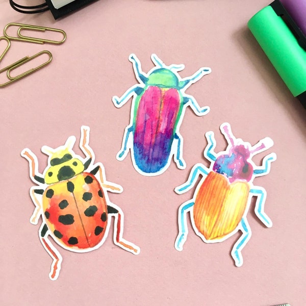 Set of 3 Beetle Stickers, Waterproof vinyl