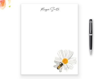 Personalized Bee Flower Notepad, Custom Watercolor Stationery, 50 Sheets