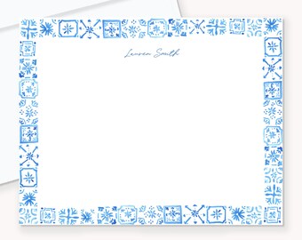 Personalized Blue Azulejo Tile Notecards, Modern Watercolor Stationery, 4x5 Notecards & Envelopes,  Custom Stationery
