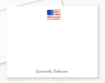 American Flag Personalized Stationery, 4x5 Flat Notecards and Envelopes, Patriotic American Flag Watercolor Stationery, 4th of July Gift