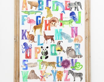 Animal ABC chart, Watercolor Animal Art, Abc print, Original  Art Print, home decor, children's room art, Educational Animal chart